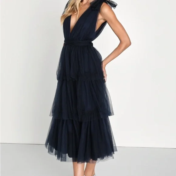 NWOT Lulus Flawless Arrival Navy Blue Tulle Tie-Strap Tiered Maxi Dress - Picture 2 of 8